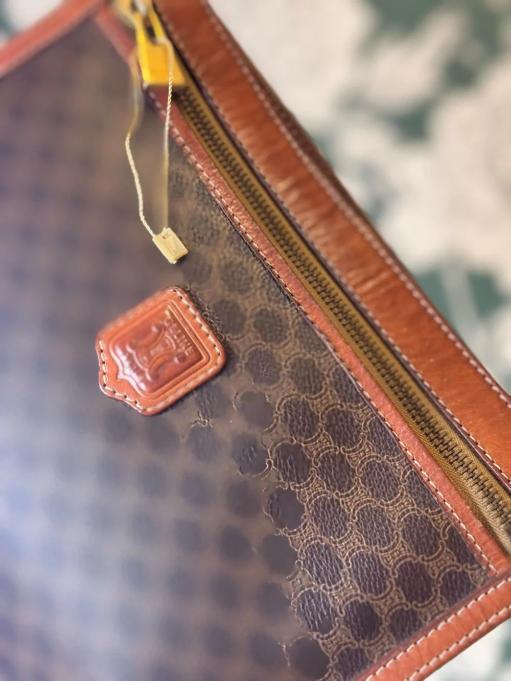 Celine Authentic Brown Patterned Wristlet  with Tan Leather Trim EUC - Picture 2 of 12